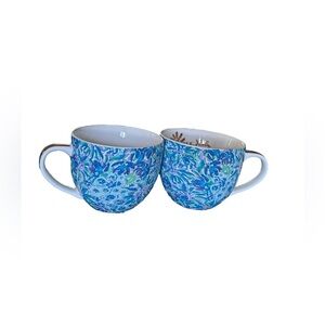 Lilly Pulitzer Floral, Lion Around Ceramic Mugs White w/ Blue, Green, & Purple